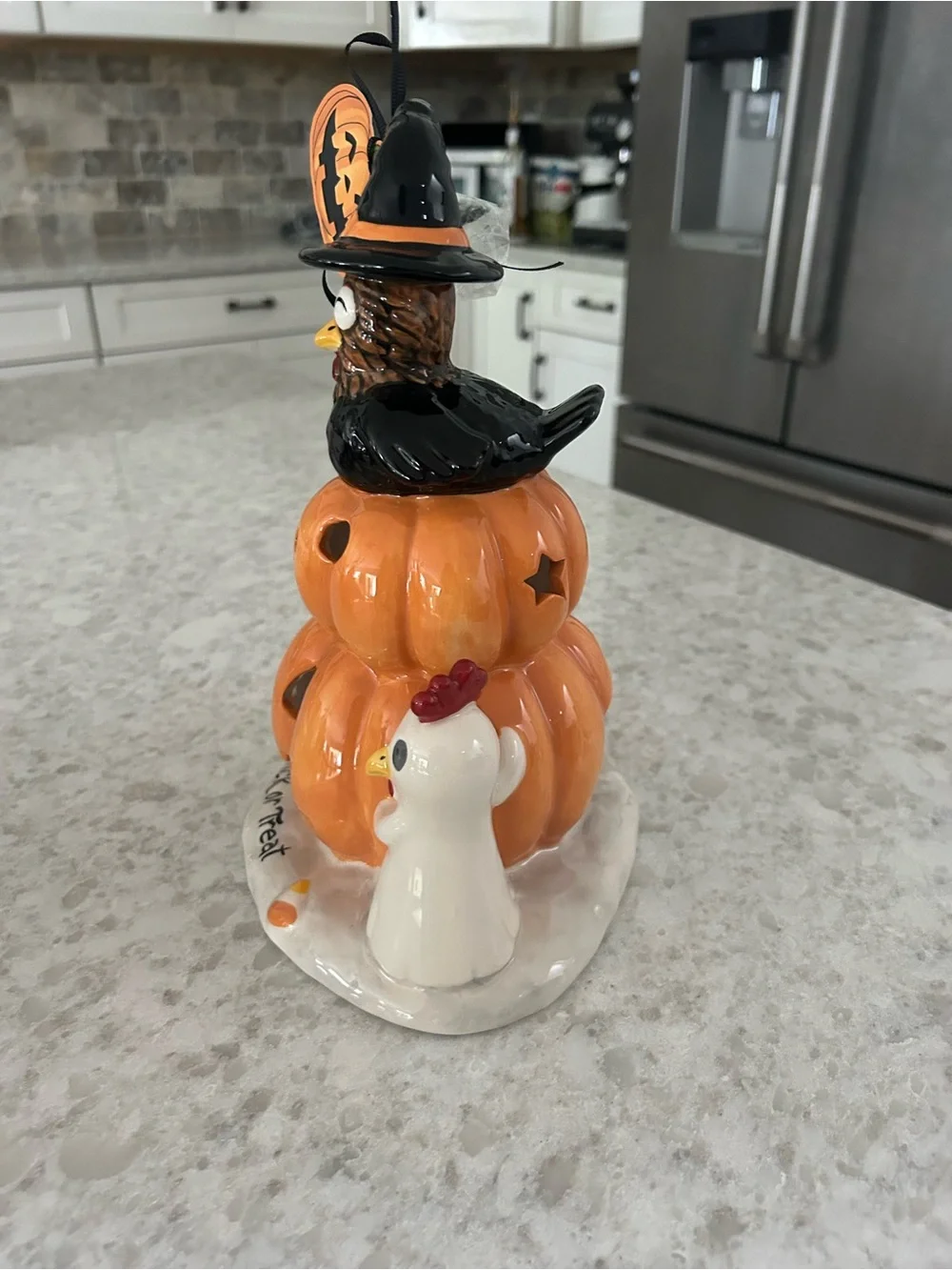 “New” Blue Sky Clayworks Halloween 'Chick or Treat' Pumpkin Stack Tea-light hldr